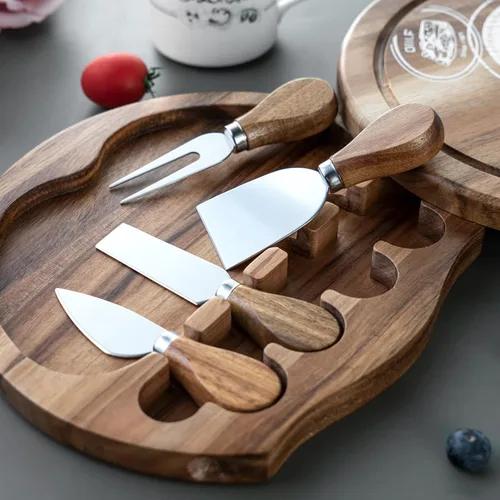 Miniatura 3 de Juego de tablas de queso de madera de acacia, tabla de charcutería y plato para servir queso con 4 cuchillos de queso de acero inoxidable, ideal