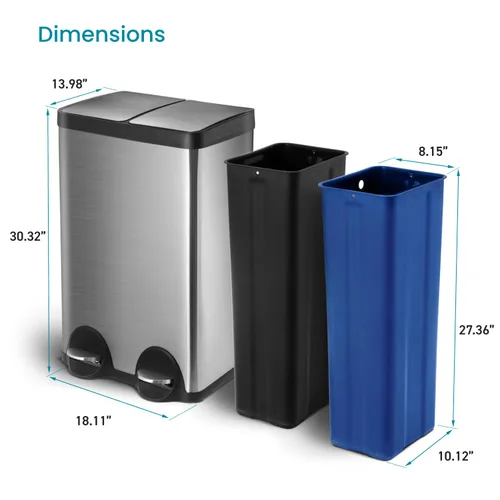Miniatura 6 de Home Zone Living Bote de basura de cocina de 16 galones con compartimentos dobles para basura y reciclaje, tapas de cierre suave, pedales y forros