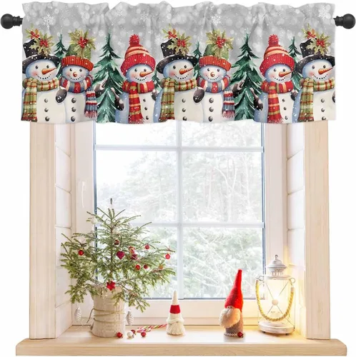 Miniatura 9 de Cenefa de Navidad para ventanas, cortinas de muñeco de nieve, cenefas con bolsillo para barra, tratamientos de ventana, cortinas cortas azules