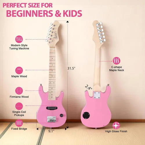 Miniatura 3 de ZENY Guitarra eléctrica para niños de 30 pulgadas con amplificador de 5 W, bolsa de concierto, correa, cable, cuerdas y púas, kit de accesorios Rosa