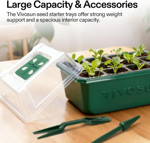 Miniatura 7 de VIVOSUN Paquete de 12 bandejas de inicio de semillas, kit de inicio de semillas de 144 celdas con cúpula de humedad, bandejas planas reutilizables