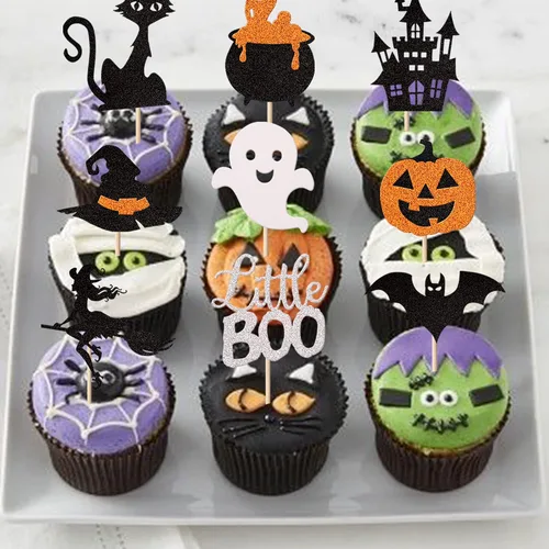 Miniatura 5 de Rsstarxi Paquete de 36 adornos para cupcakes de Halloween, murciélagos con purpurina, palitos de calabaza y calabazas, sombrero de bruja