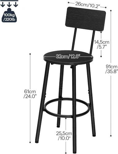 Miniatura 3 de HOOBRO Taburetes de bar, juego de 2 taburetes de bar redondos con respaldo, sillas de bar de 25.2 pulgadas para isla de cocina, comedor, taburetes