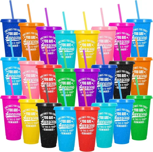 Miniatura 27 de Paquete de 24 vasos de plástico con tapas y popotes, vasos reutilizables con tapas y popotes, vasos coloridos para bebidas frías y café helado