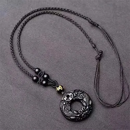Miniatura 4 de 100% obsidiana Negro colgante de Piedra tallada Pixiu La Paz Hebilla colgante Collar de perlas Regalo para Hombres joyería de cuerda