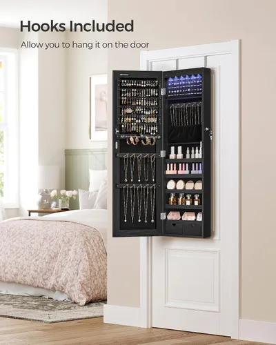 Miniatura 23 de SONGMICS Gabinete colgante de joyería, gabinete de pared con luces interiores LED, organizador de joyas montado en la puerta, espejo de cuerpo Blanco