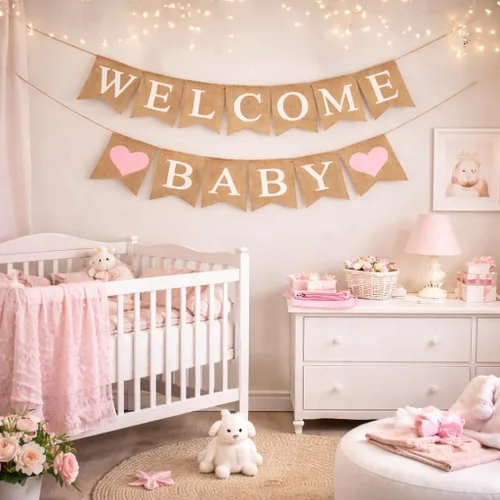 Miniatura 6 de Cartel de arpillera de bienvenida para decoración de baby shower y fiesta de revelación de género (corazones rosa claro)