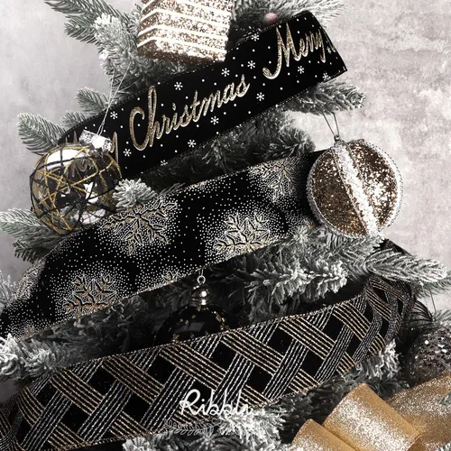 Miniatura 3 de Ribbli Cinta de Navidad con Alambre Negro Champán Cinta de Árbol de Navidad Copo de Nieve Purpurina Cintas con Alambre para Lazo de Copa de Árbol