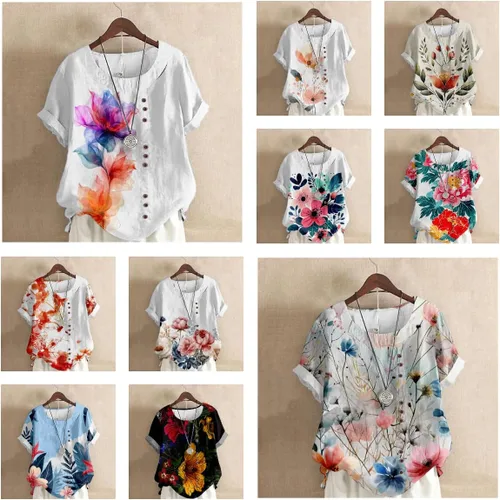 Miniatura 4 de domirica Camisetas de verano para mujer 2024 con estampado de flores, algodón, lino, manga corta, cuello redondo, camisas casuales de moda