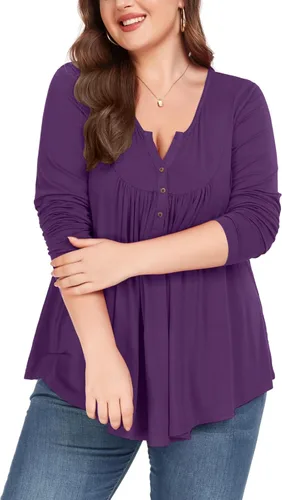 Miniatura 4 de Camiseta básica para mujer, talla grande, cuello Henley, con botones, ajuste holgado, estilo casual