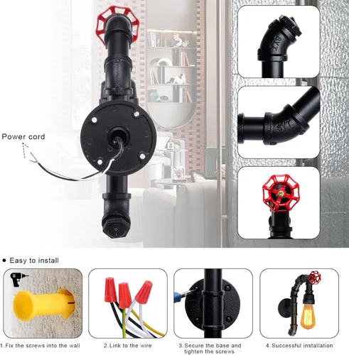 Miniatura 2 de XEYOU Lámpara de pared retro vintage industrial steampunk aplique de pared con interruptor, tubo de agua de metal, lámpara de pared E26 Edison Negro