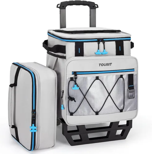 Miniatura 11 de TOURIT Conservadora plegable para 48 latas, con aislamiento, a prueba de fugas, con carro de ruedas de todo terreno, con accesorios mejorados y Azul