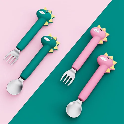 Miniatura 8 de Juego de tenedores y cucharas para bebé, utensilios de entrenamiento para bebés, cubiertos de silicona y acero inoxidable para niños y niños