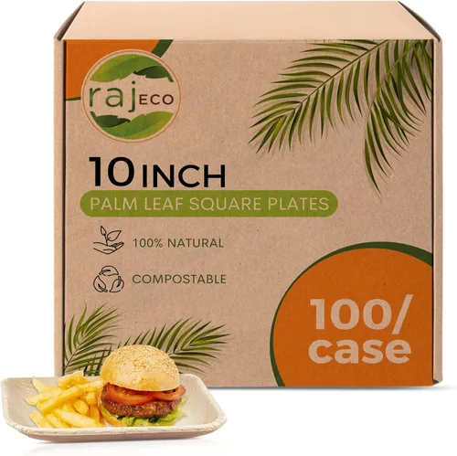 Raj Platos de hoja de palma a granel [paquete de 50] platos cuadrados de 10 pulgadas (2 estuches, paquete de 100) como platos de bambú desechables,