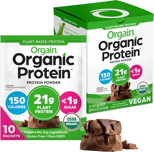 Orgain - Paquete de viaje de polvo de proteína a base de plantas orgánicas, dulce de chocolate cremoso – 0.21 onzas / 6 gramos de fibra, sin