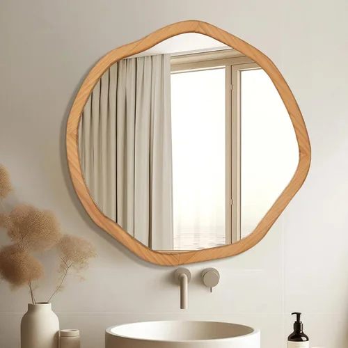 Miniatura 10 de ULIKE Espejo redondo de madera, espejo de pared circular irregular de 24 pulgadas con marco de madera, soporte de pared decorativo rústico