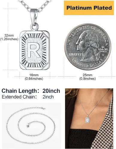 Miniatura 4 de U7 Collar con monograma A-Z 26 letras colgantes chapado en oro de 18 quilates, chapado en platino, collares cuadrados con inicial mayúscula