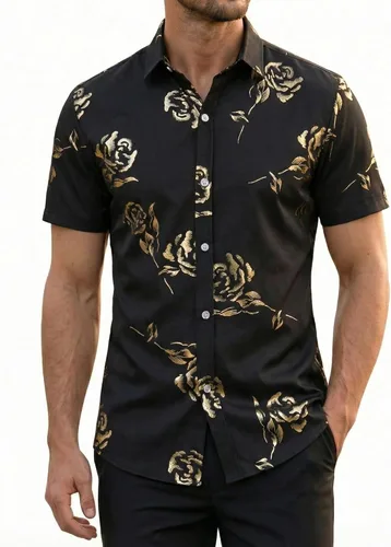 Miniatura 12 de ZEROYAA - Camisas de vestir de manga corta con estampado de rosa dorada para hombre, estilo hipster, calce ajustado, con botones