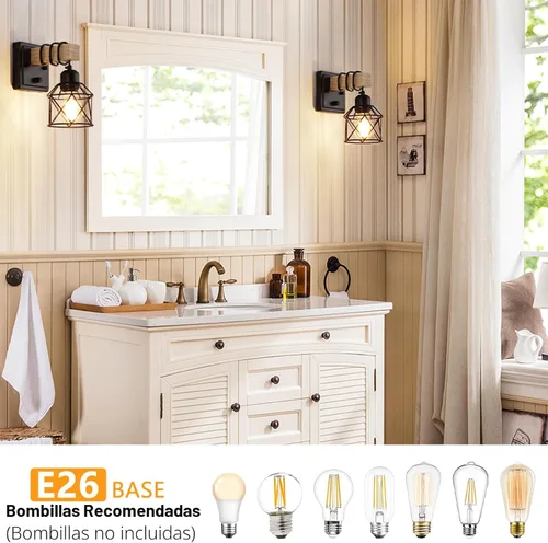 Miniatura 5 de FadimiKoo Juego de dos apliques de pared regulables, lámpara de pared para mesita de noche con interruptor giratorio, luminarias de baño de madera