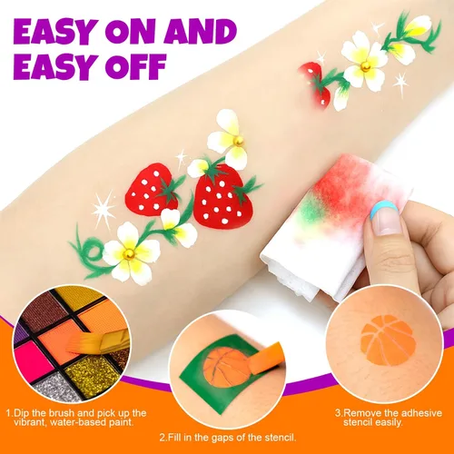 Miniatura 5 de Kit de pintura facial de 54 colores para niños, kit de maquillaje de pintura facial no tóxica con plantilla, libro guía, kit de maquillaje