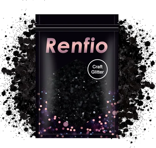 Renfio Purpurina gruesa negra, 100 g (3.5 oz) mezcla de polvo fino brillante con lentejuelas iridiscentes para el rostro, purpurina para Halloween,