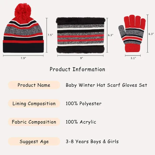Miniatura 6 de Conjunto de guantes de bufanda de invierno para niños, gorro de punto con forro polar, guantes calentadores de cuello para niños y niñas de 3 a 8