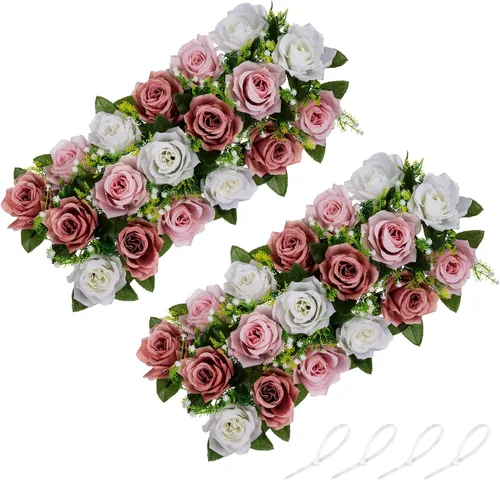 Miniatura 22 de NUPTIO Centros de mesa de flores artificiales para mesas, 6 unidades, color borgoña, rosa polvorienta y blanco cremoso, arreglos de rosas falsas