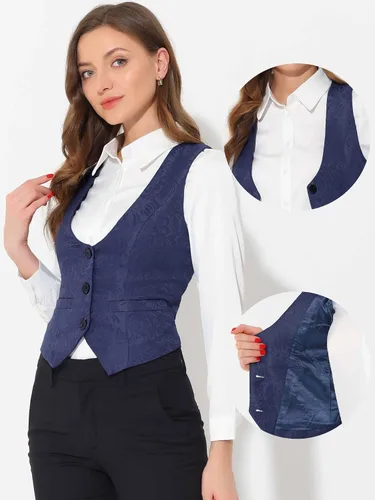 Miniatura 2 de Allegra K Chaleco vintage para mujer con botones y bolsillos