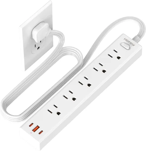HOPOW Regleta de alimentación con enchufe plano, cable de extensión plano ultra delgado de 6 pies, protector contra sobretensiones con 5 salidas y 3