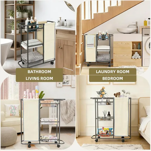 Miniatura 7 de Cesta de lavandería con 3 cestas de almacenamiento y bolsa de 45 L, carrito de lavandería resistente con ruedas y asa, ahorro de espacio, Beige
