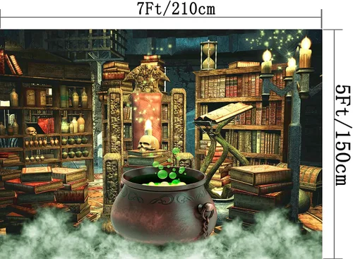 Miniatura 6 de Fondo de fotografía de Halloween, bruja, caldero mágico, estantería en habitación espeluznante, decoración de fiesta, fondo de retrato de vinilo