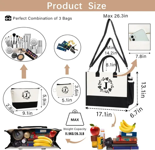 Miniatura 3 de Monogram - Bolsas de lona personalizadas con iniciales para mujer, bordado de doble cara, bolsas de playa, regalos para mujeres