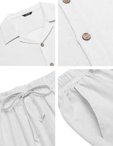 Miniatura 4 de COOFANDY Conjunto de ropa de lino de 2 piezas para hombre camisa con botones y pantalones sueltos