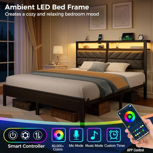 Miniatura 4 de Seventable Base de cama tamaño Queen con estación de carga, cama LED con cabecera de almacenamiento tapizada, cama de plataforma de metal con Gris