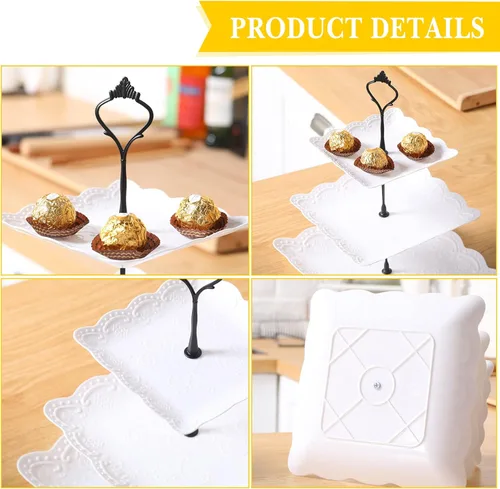 Miniatura 3 de Sawysine Paquete de 6 bandejas para servir de 3 niveles, torre de servicio de 3 niveles, soporte de postre a granel, bandeja de plástico grueso