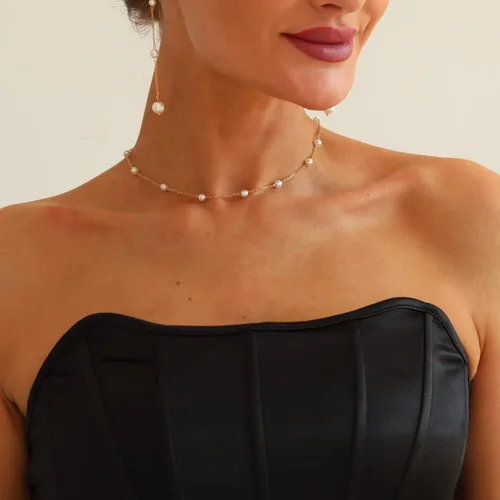Miniatura 2 de foyjoey Gargantilla de perlas delicadas, ajustable, hecha a mano, collar de cadena de cuentas de oro para mujer, dama de honor, boda, joyería