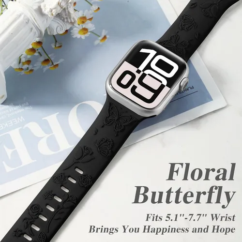 Miniatura 3 de Melyis Correa deportiva de silicona suave grabada con diseño floral y mariposa compatible con Apple Watch de 1.575 pulgadas, 1.614 pulgadas, 1.496