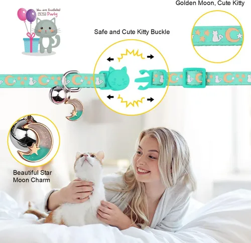 Miniatura 3 de Baeuppit 2 piezas de collares de gato separables con campana, lunas, estrellas, lindos collares ajustables para gatitos con colgante que brillan