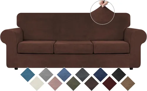 Miniatura 11 de WEERRW 4 Piezas Fundas de Terciopelo de Alta Elasticidad para Sofá de 3 Cojines Fundas de Sofá, Protector de Muebles Lavable con Parte Inferior