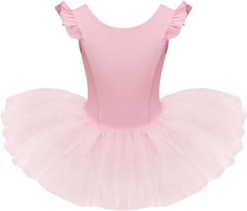 IDOPIP Vestido de ballet con volantes y mangas con volantes para niñas pequeñas, tutú con falda, leotardo para bailarina, traje de gimnasia