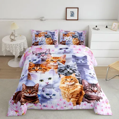 Miniatura 7 de Feelyou Juego de edredón para niños, diseño de gatos de dibujos animados, tamaño twin, lindo juego de ropa de cama de gatitos para adolescentes