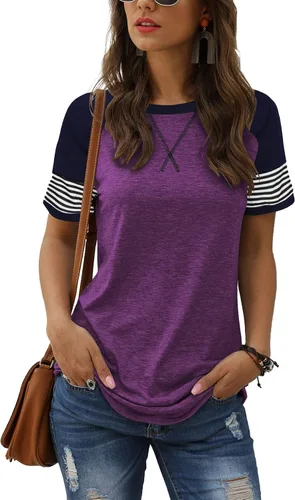 Adibosy Camisetas casuales de verano para mujer blusa tipo túnica, de manga corta, a rayas, para mujer, con cuello redondo