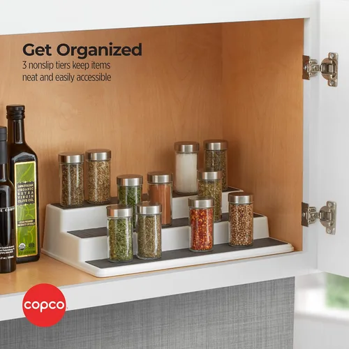 Miniatura 4 de Copco Organizador de especias antideslizante de 3 niveles para armario de cocina o despensa, estante escalonado de 15 pulgadas, blanco/gris, diseño