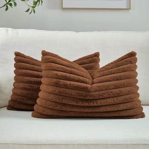 Miniatura 58 de FUTEI - Juego de 2 fundas de almohada decorativas con rayas, cuadradas, para invierno, piel sintética de conejo suave y acogedora y respaldo