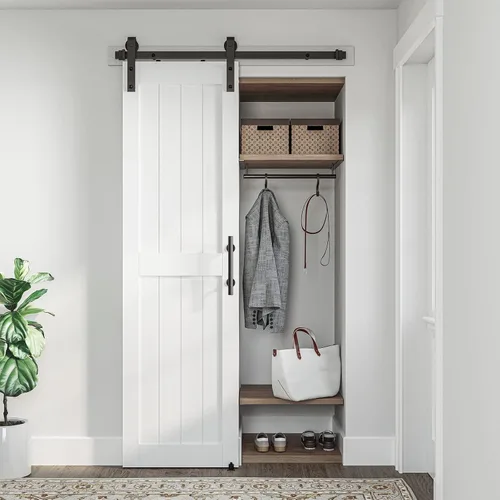 Miniatura 22 de Puerta corredera de granero de 36 x 80 pulgadas con kit de herrajes para puerta de granero de 6.6 pies, mango y guías de suelo, agujeros Blanco