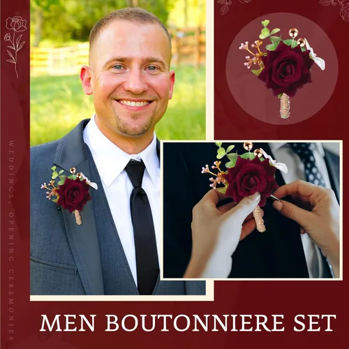 Miniatura 7 de Sherr Juego de 20 ramilletes de rosas rojas y boutonnier con diseño de flores para muñeca, pulsera para boda, novio, hombre, Boutonniere, mano, flor