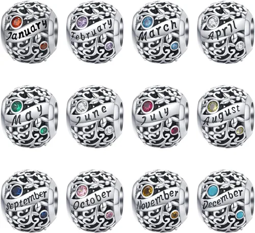 Miniatura 4 de Dijes de piedra natal para pulsera, cuentas de plata de ley 925, abalorios de flores caladas, dijes de feliz cumpleaños para pulsera y collar Piedra