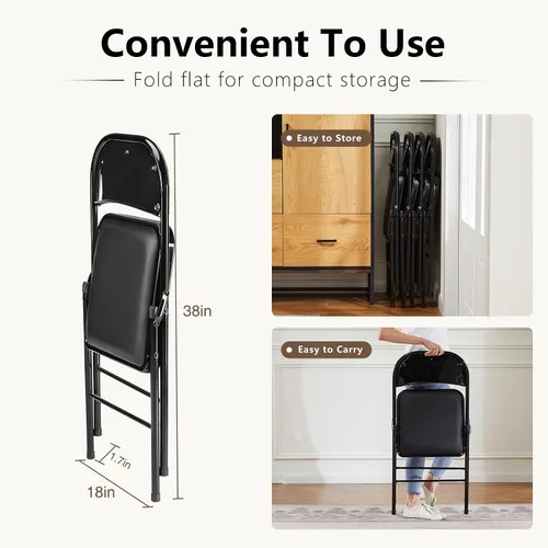 Miniatura 3 de DUMOS Paquete de 2 sillas plegables acolchadas de cuero, asiento comercial apilable portátil para interiores y exteriores con marco de acero, Negro