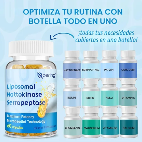 Miniatura 3 de Suplemento enzimático liposomal nattoquinasa 12,000 FU Serrapeptasa 360,000 SPU - Enriquecido con enzimas sinérgicas y mezcla de nutrientes e