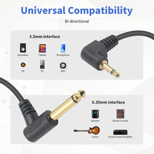 Miniatura 3 de Duttek Cable mono de 90 grados de 1/8 a 1/4, cable de guitarra de 1/8, ángulo recto de 0.250 in 1/4 macho a 0.138 in, cable de altavoz mono macho
